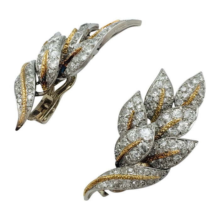 Yellow gold platinum &quot;Leaves&quot; earrings and diamonds.