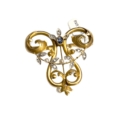 Broche Broche en or 18 ct avec saphir, diamants et perle 58 Facettes Q233A(749)