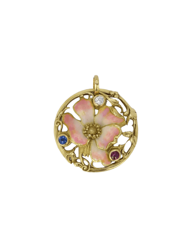 Pendentif Médaille Art-Nouveau en or, émail, diamant, saphir et rubis 58 Facettes J229