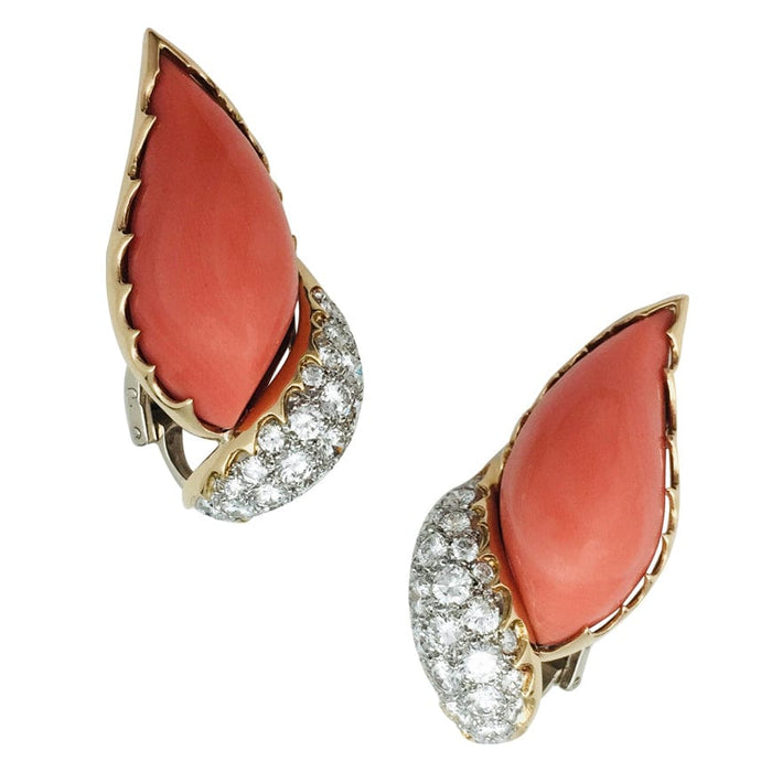M.Gérard earrings in yellow gold, platinum, coral and diamonds.