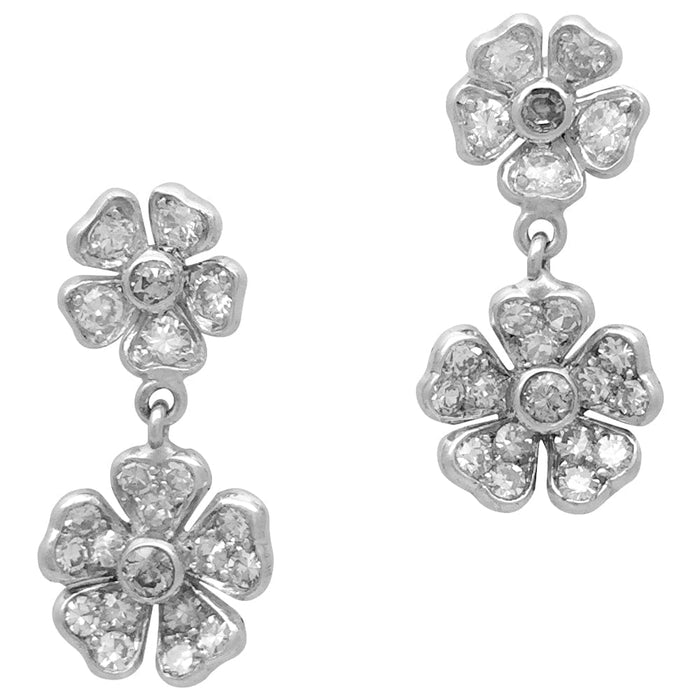 Pair of pendant earrings with flower motif in white gold, diamonds.