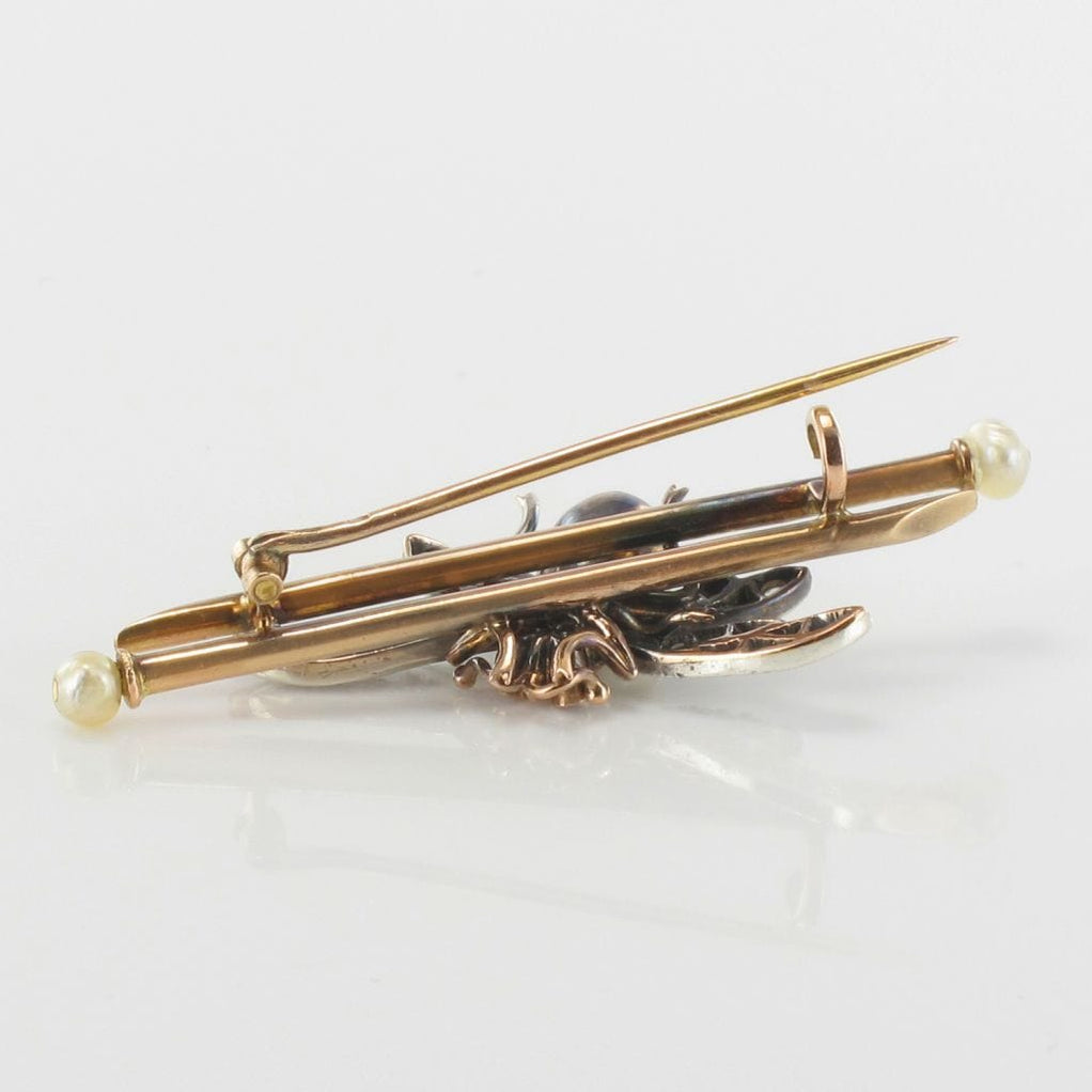 Broche Ancienne Figurative - Petit Musicien Insecte Au Luth - Strass Et Perle - Vintage - Occasion