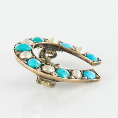 Broche Broche fer à cheval turquoises perles fines diamants 58 Facettes 19-222