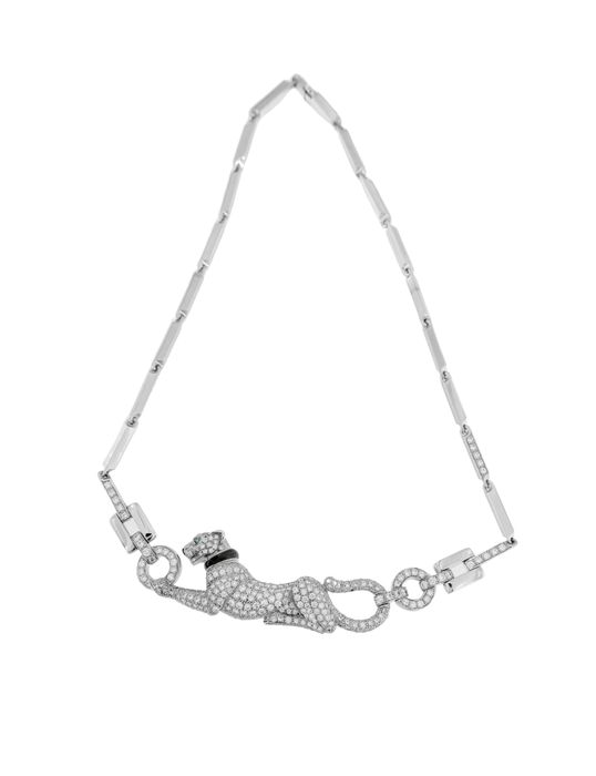 Cartier necklace - Vintage Panthère necklace in diamonds, emeralds, enamel and white gold 58 Facettes
