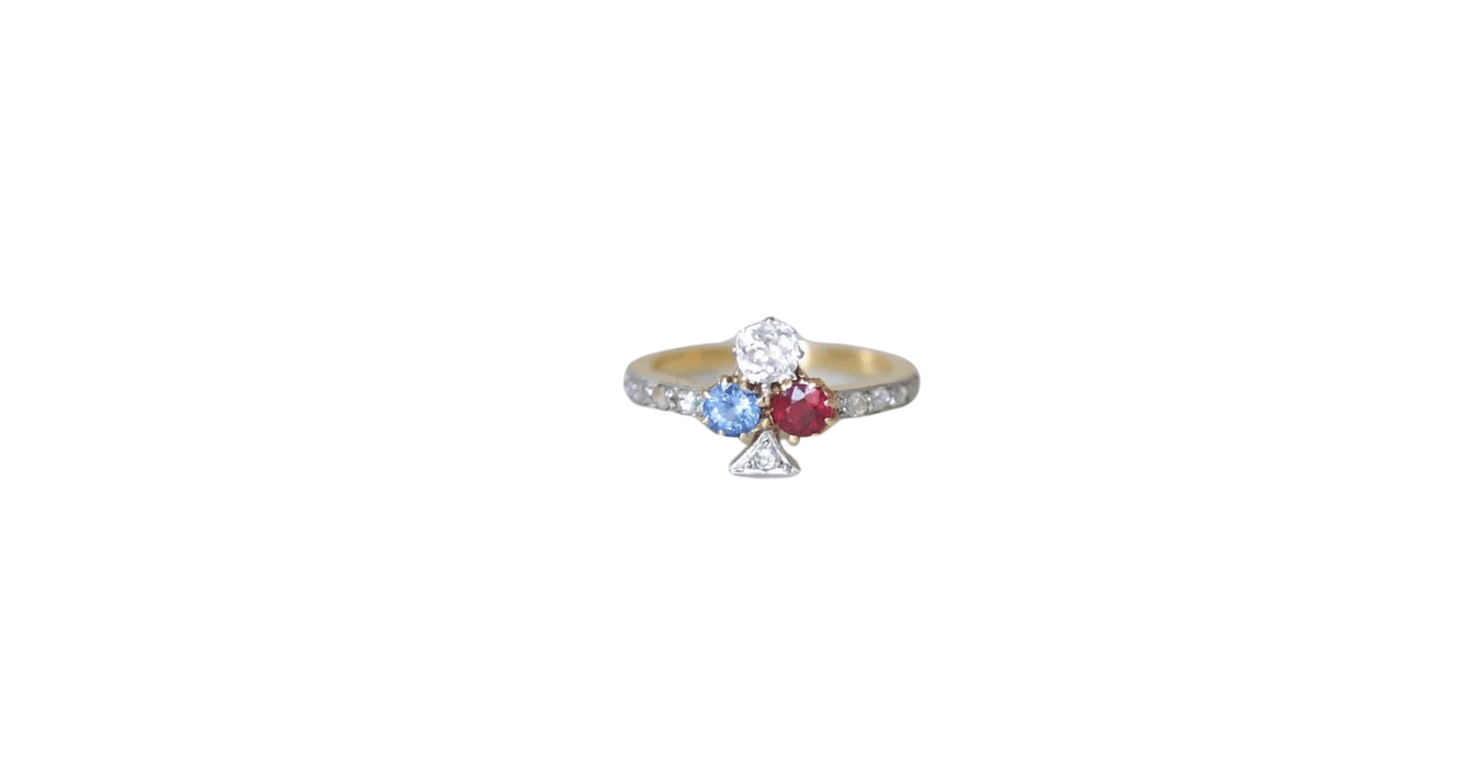 Bague 53.5 Bague trèfle, saphir, diamant, et rubis 58 Facettes