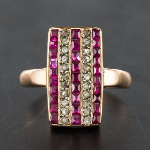 Bague 53 Bague ancienne rectangulaire diamants et rubis calibrés 58 Facettes 18-250-53