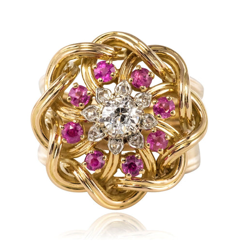 Bague 50 Bague rétro diamants rubis et fils d'or entrelacés 58 Facettes 20-155-49
