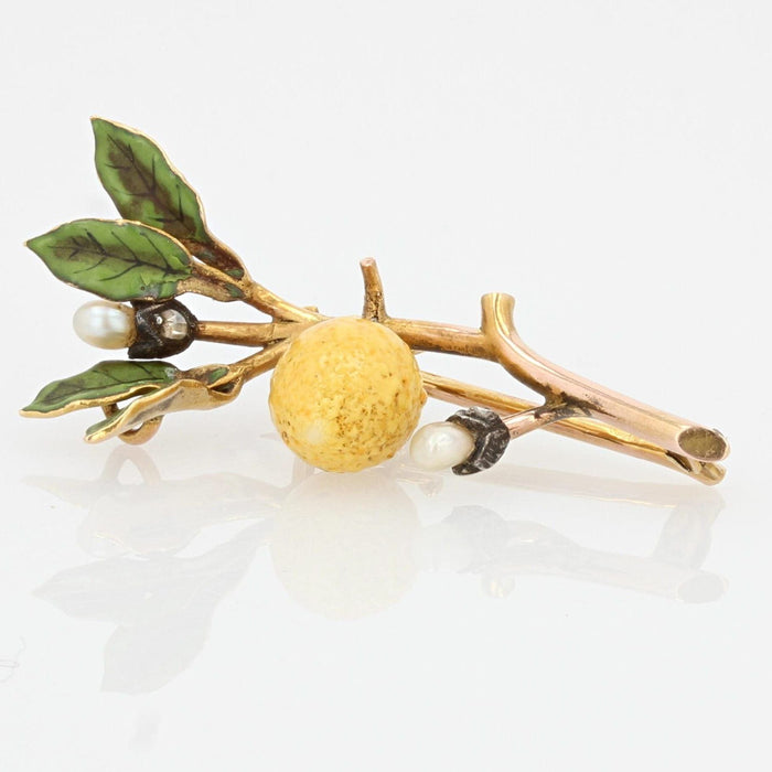 Broche Broche branche de citronnier émail et perles fines 58 Facettes 20-583