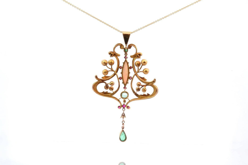 Pendentif Pendentif Art Nouveau opale, perles fines, émeraudes et rubis 58 Facettes 25545