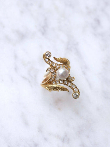 Bague Marquise Style Art Nouveau or 14Kt, diamants, perle 58 Facettes