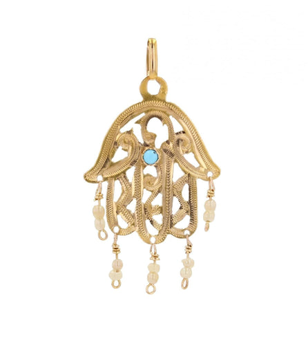 Pendentif Pendentif main de Fatma or perles et pierre turquoise 58 Facettes 18-008A