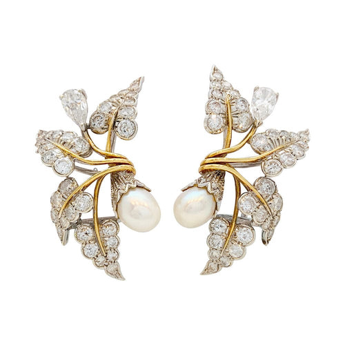 Boucles d'oreilles Boucles d'oreilles "Feuillage" bicolore, diamants et perles. 58 Facettes 31178