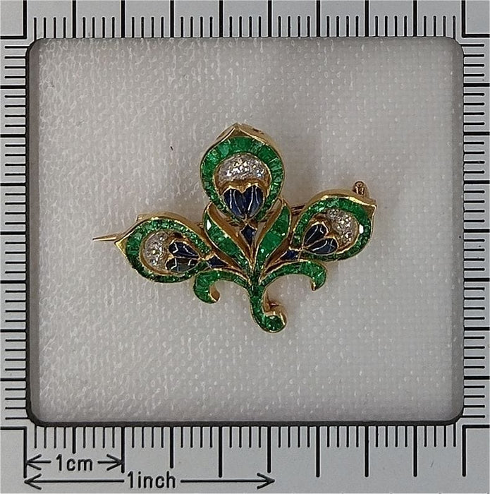Broche Broche Fleur de Lys Antique Français, Essence Verte Intense (émeraudes, saphirs, diamants) 58 Facettes 23167-0365