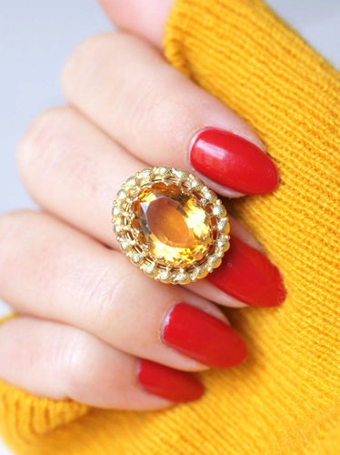 Bague Bague de cocktail ancienne citrine sur or jaune et vert 18Kt 58 Facettes