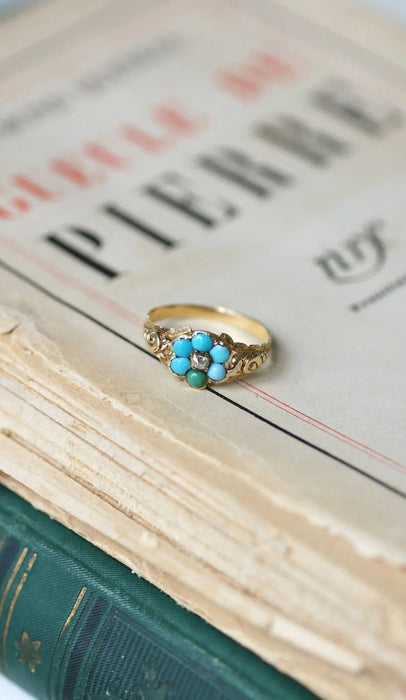 Bague 56 Bague fleur ancienne turquoises et diamant 58 Facettes