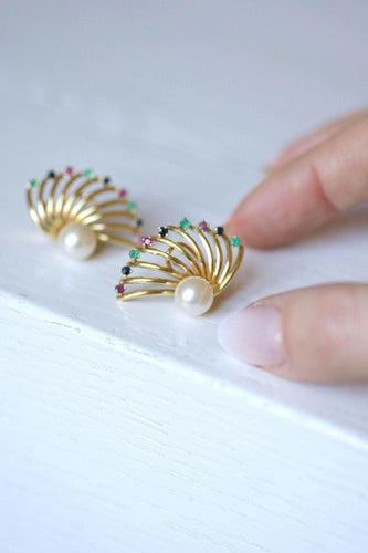 Boucles d'oreilles éventail vintage en or jaune, perle, saphir, rubis, émeraude 58 Facettes
