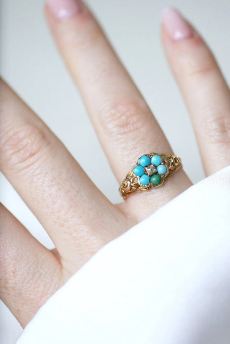 Bague 56 Bague fleur ancienne turquoises et diamant 58 Facettes