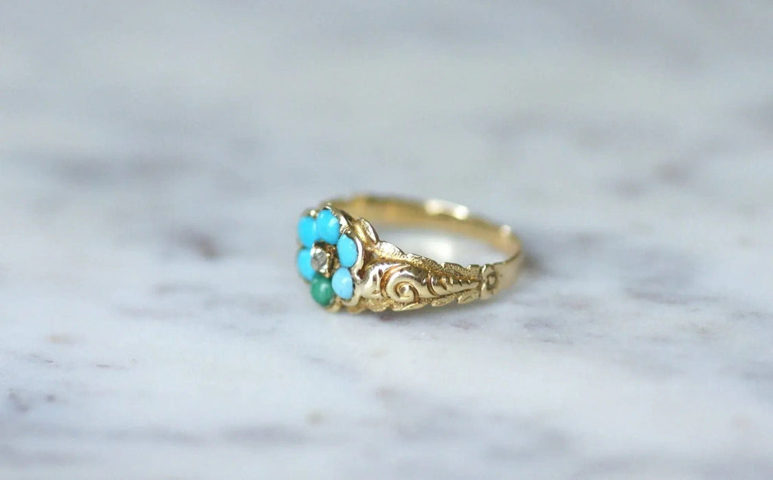 Bague 56 Bague fleur ancienne turquoises et diamant 58 Facettes