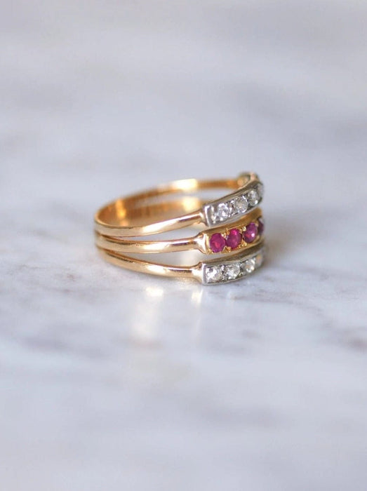 Bague Victorienne triple anneau en or rose, platine, rubis et diamants 58 Facettes
