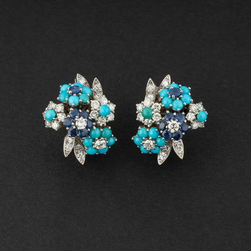 Boucles d'oreilles Clips d'oreilles Alfred HANNE turquoises, saphirs & diamants 58 Facettes