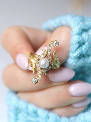 Bague Marquise Style Art Nouveau or 14Kt, diamants, perle 58 Facettes