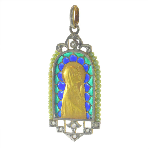 Pendentif Médaille Marie vintage Diamants et émail plique-à-jour 58 Facettes 23191-0420