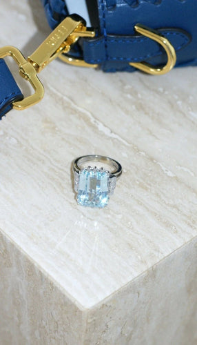 Bague 55 Bague Cocktail Or blanc Platine Aigue-marine Diamants 58 Facettes