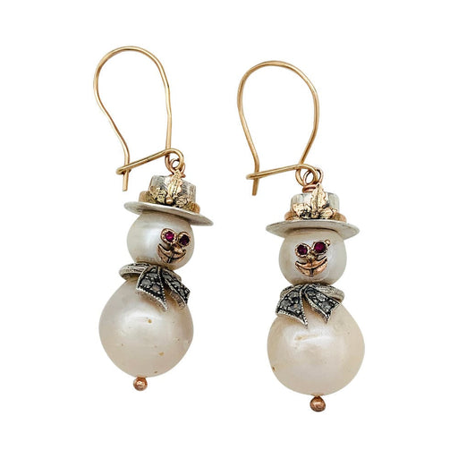 Boucles d'oreilles Boucles d'oreilles "Bonhommes de Neige", perles, rubis, diamants, or rose et argent. 58 Facettes 31030