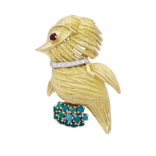Broche Broche oiseau or jaune, diamants, rubis et turquoises 58 Facettes 33261