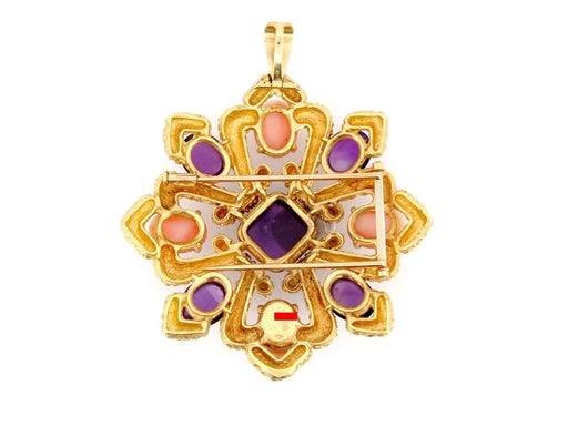 Brooch pin pendant VAN CLEEF & ARPELS delphes 1975 gold coral & amethyst cabochons 58 Facettes 257359