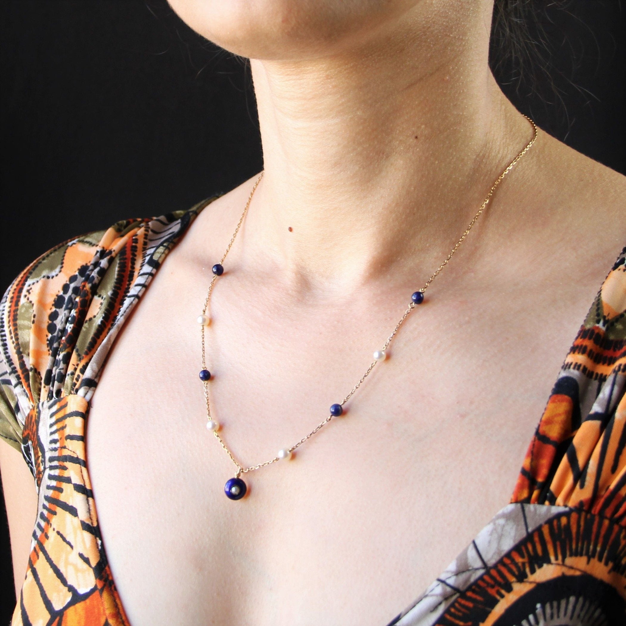 Bague Or 14k (585) Avec Perle De Culture Et Lapis-Lazuli - Taille Ajustable 55, Neuve Avec étiquettes