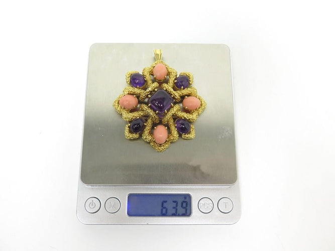 Broche broche pendentif VAN CLEEF & ARPELS delphes 1975 or cabochons corail & amethyste 58 Facettes 257359