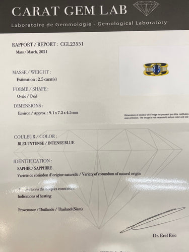 Bague Bague or jaune saphir ovale et diamants baguettes 58 Facettes