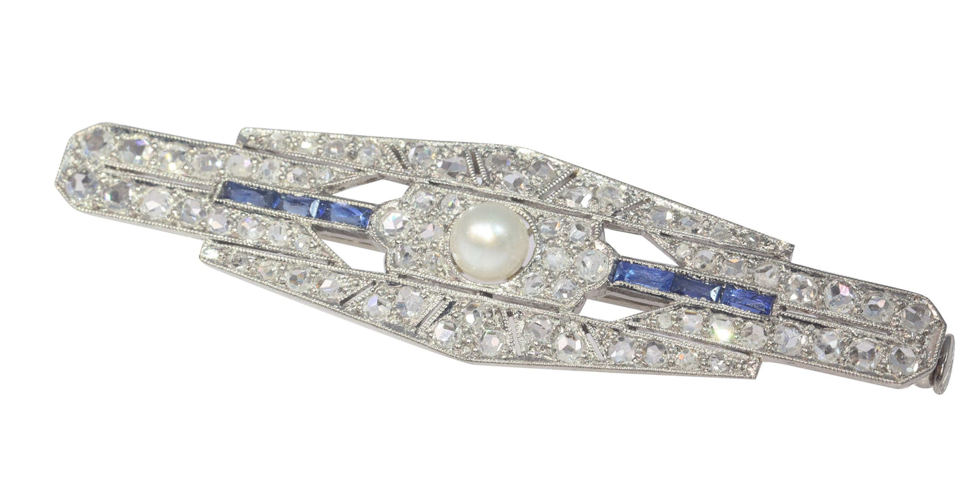Broche Broche barre de diamants Art Déco avec saphirs et une perle 58 Facettes 22151-0089