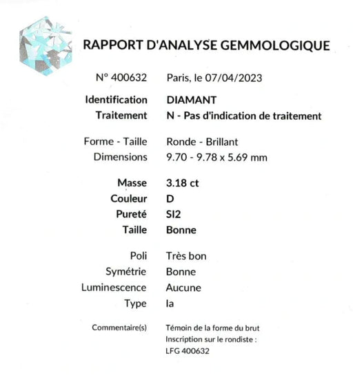 Gemstone Diamant 3,18ct D SI2 58 Facettes BO/230069