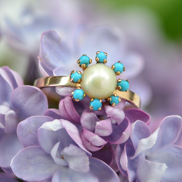 Bague 54 Bague or rose perle de culture et perles de turquoise 58 Facettes 19-635