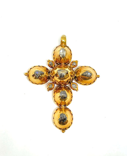 Pendentif Sublime croix antique en or et diamants taillés en rose de table 58 Facettes