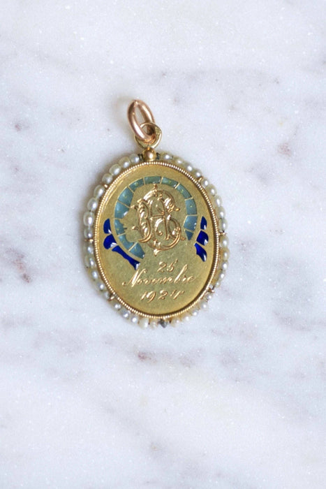 Pendentif Médaille ancienne en or, Vierge Marie, émail et perles 58 Facettes
