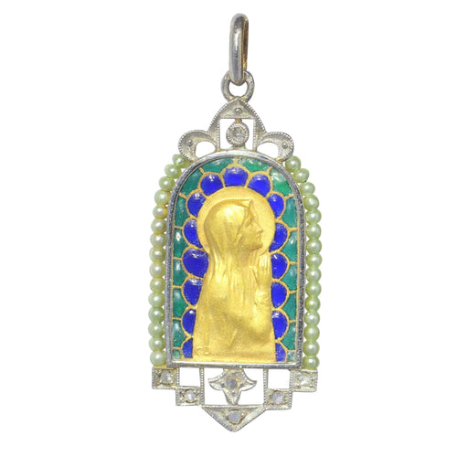 Pendentif Médaille Marie vintage Diamants et émail plique-à-jour 58 Facettes 23191-0420