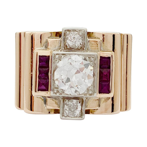 Bague 51 Bague Tank en or rose, platine, diamants et rubis. 58 Facettes 32052
