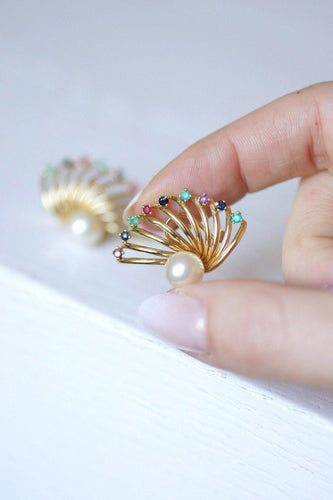 Boucles d'oreilles éventail vintage en or jaune, perle, saphir, rubis, émeraude 58 Facettes