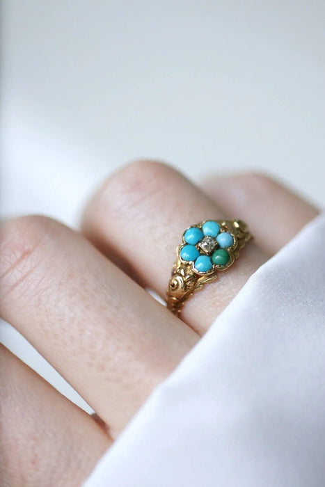 Bague 56 Bague fleur ancienne turquoises et diamant 58 Facettes