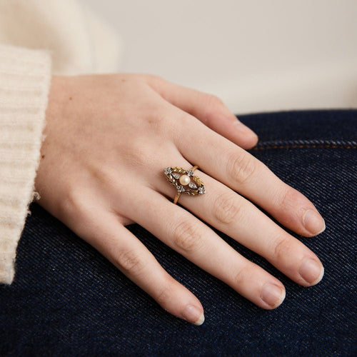 Bague Bague marquise, perle blanche, diamants 58 Facettes