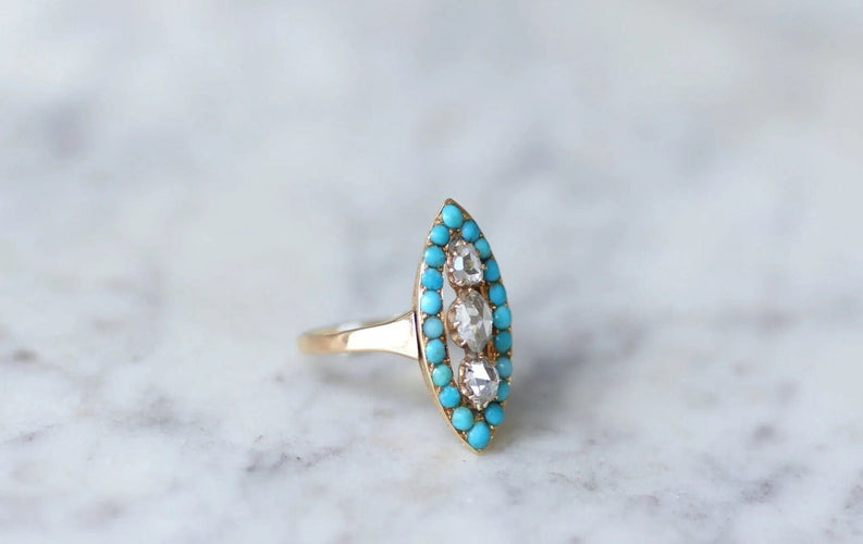 Bague Bague marquise turquoises et diamants 58 Facettes