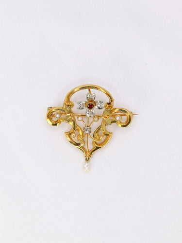 Broche Broche-Pendentif Art-Nouveau Or jaune Perles fines Diamants Grenat 58 Facettes J296