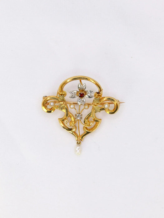 Broche Broche-Pendentif Art-Nouveau Or jaune Perles fines Diamants Grenat 58 Facettes J296