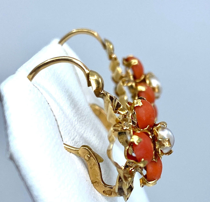 Boucles d'oreilles Parure Napoléon III - pendentif et boucles d’oreilles or, jaune, corail et perles fines 58 Facettes AB185