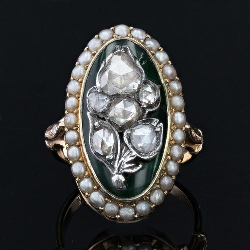 Bague 52 Bague ancienne diamants émail vert en marquise 58 Facettes 22-073