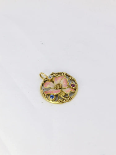 Pendentif Médaille Art-Nouveau en or, émail, diamant, saphir et rubis 58 Facettes J229