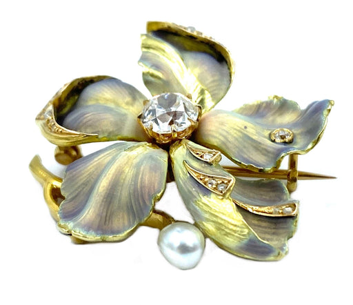 Broche Broche Art Nouveau or, émail, diamants et perle 58 Facettes